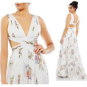 Mac Duggal 67940 Size 2 Floral Print Cutout Waist Tiered White Multicolor Dress